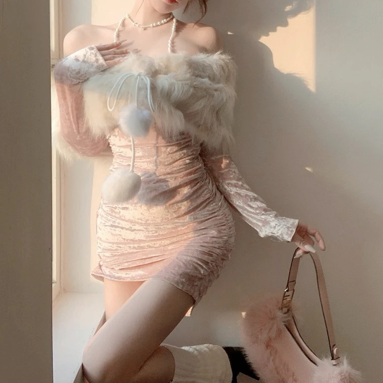 Pink velvet one-shoulder dress HA2378 - Image 3