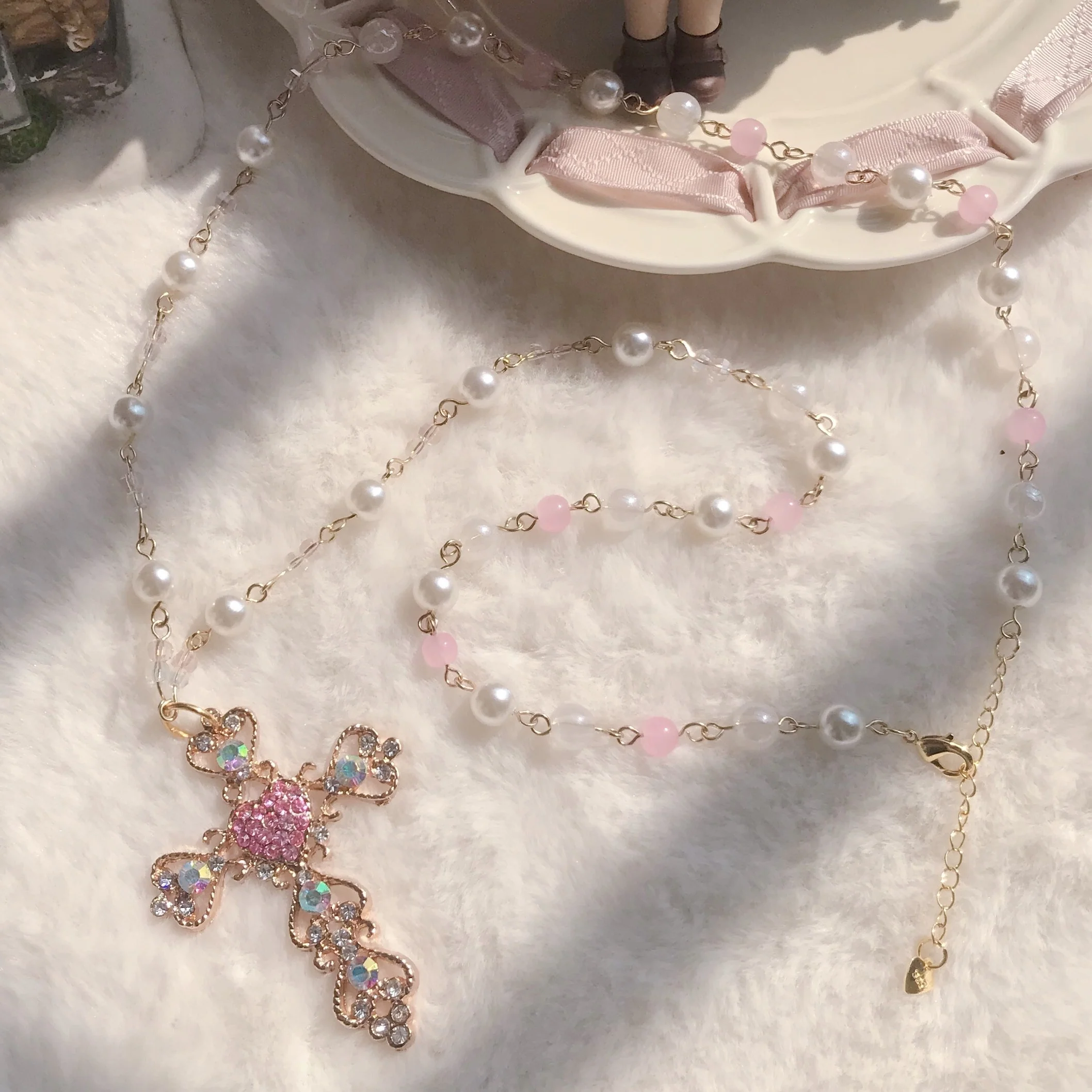 Pink Zircon Cross Necklace   HA1322 - Image 2