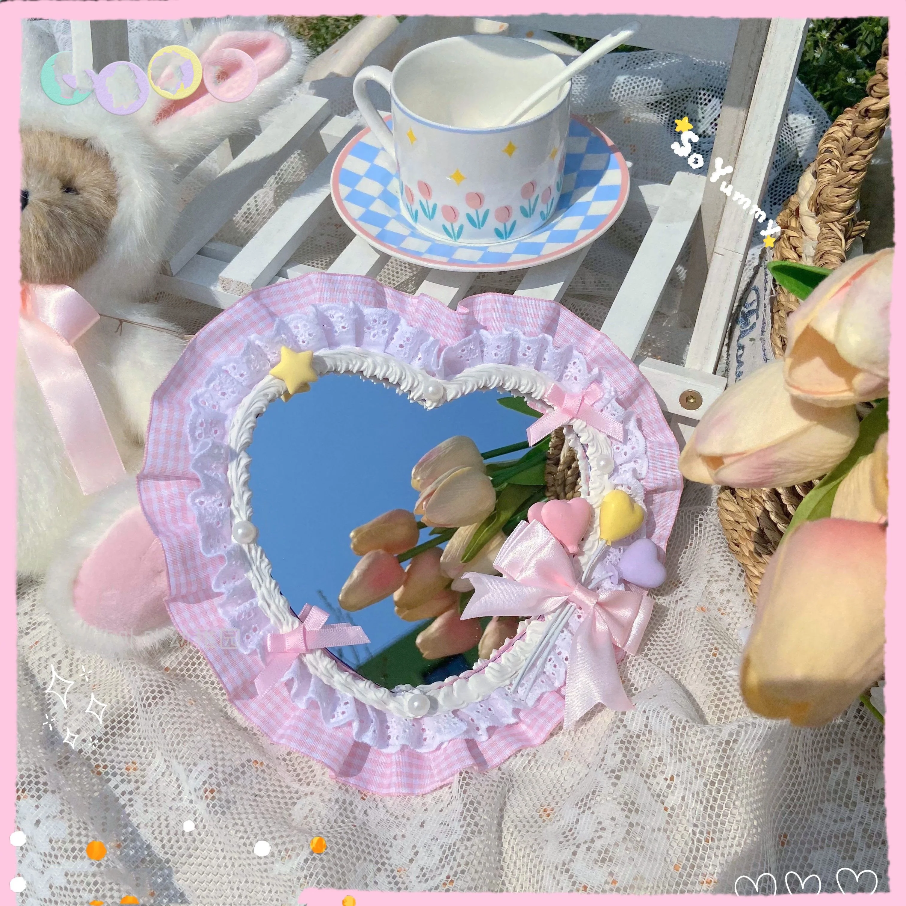 Plaid Lace Bow Heart Mirror HA0754