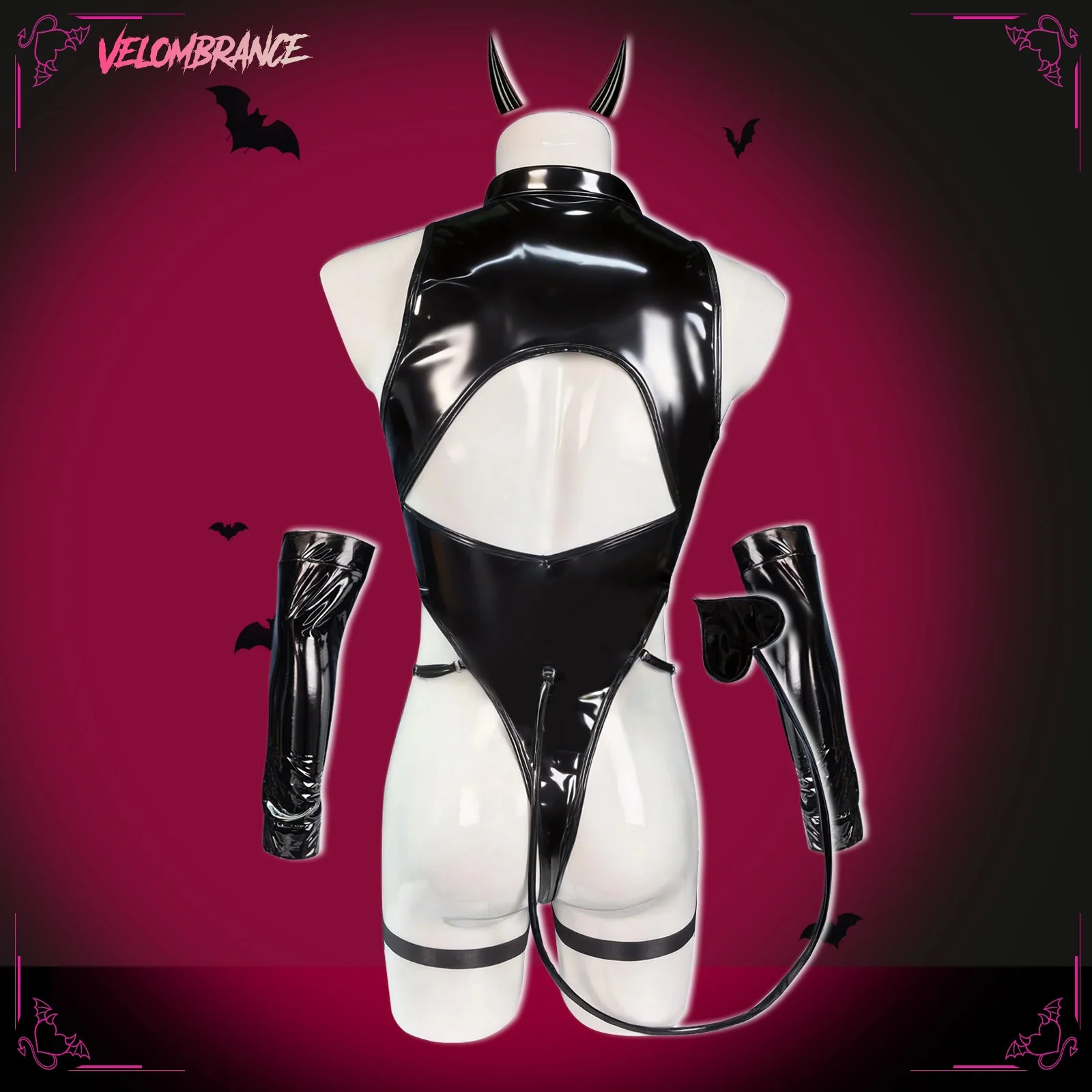 Devil Shiny Leather Strap Bodysuit （5-Piece Set）AS01 - Image 3