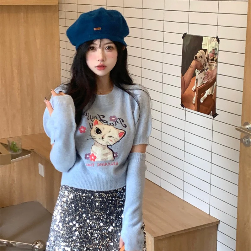 Puff Sleeve Cat Knit Top HA1233 - Image 4