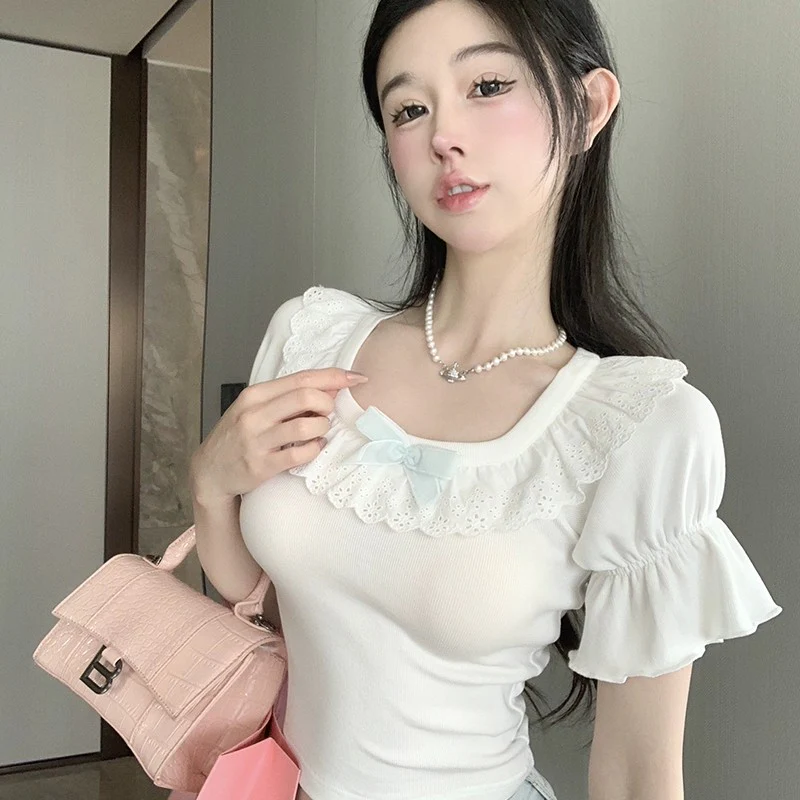 Puff Sleeve U-Neck White T-Shirt HA2039 - Image 4