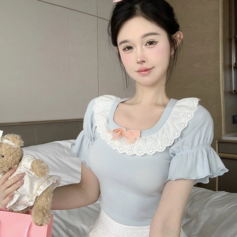 Puff Sleeve U-Neck White T-Shirt HA2039 - Image 5