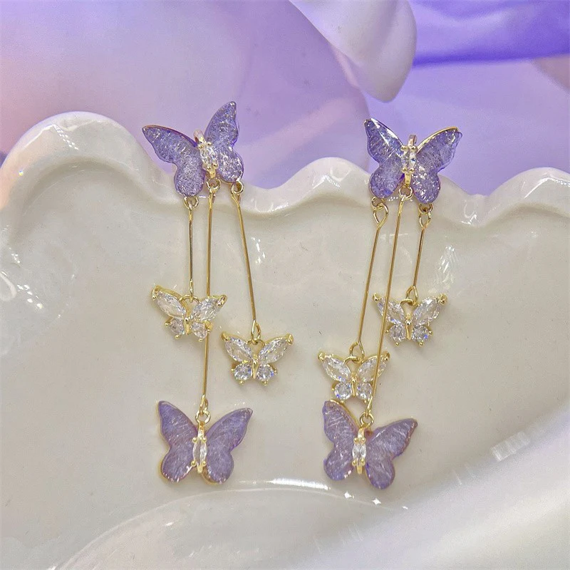 Purple Crystal Butterfly Earrings HA1867 - Image 2