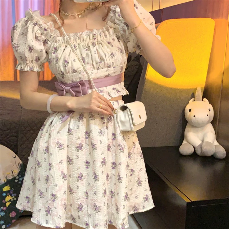Purple Floral Top + High Waist Skirt Set  HA1613 - Image 2