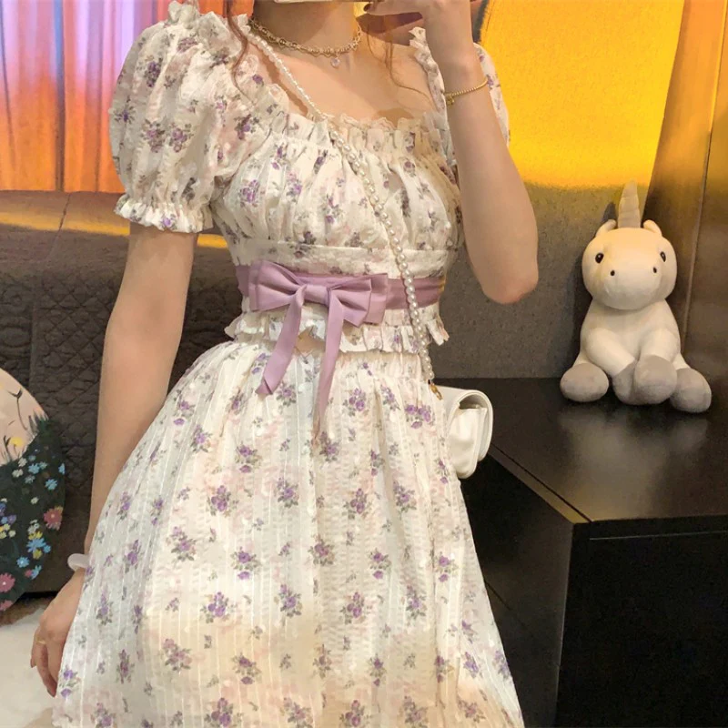 Purple Floral Top + High Waist Skirt Set  HA1613 - Image 4