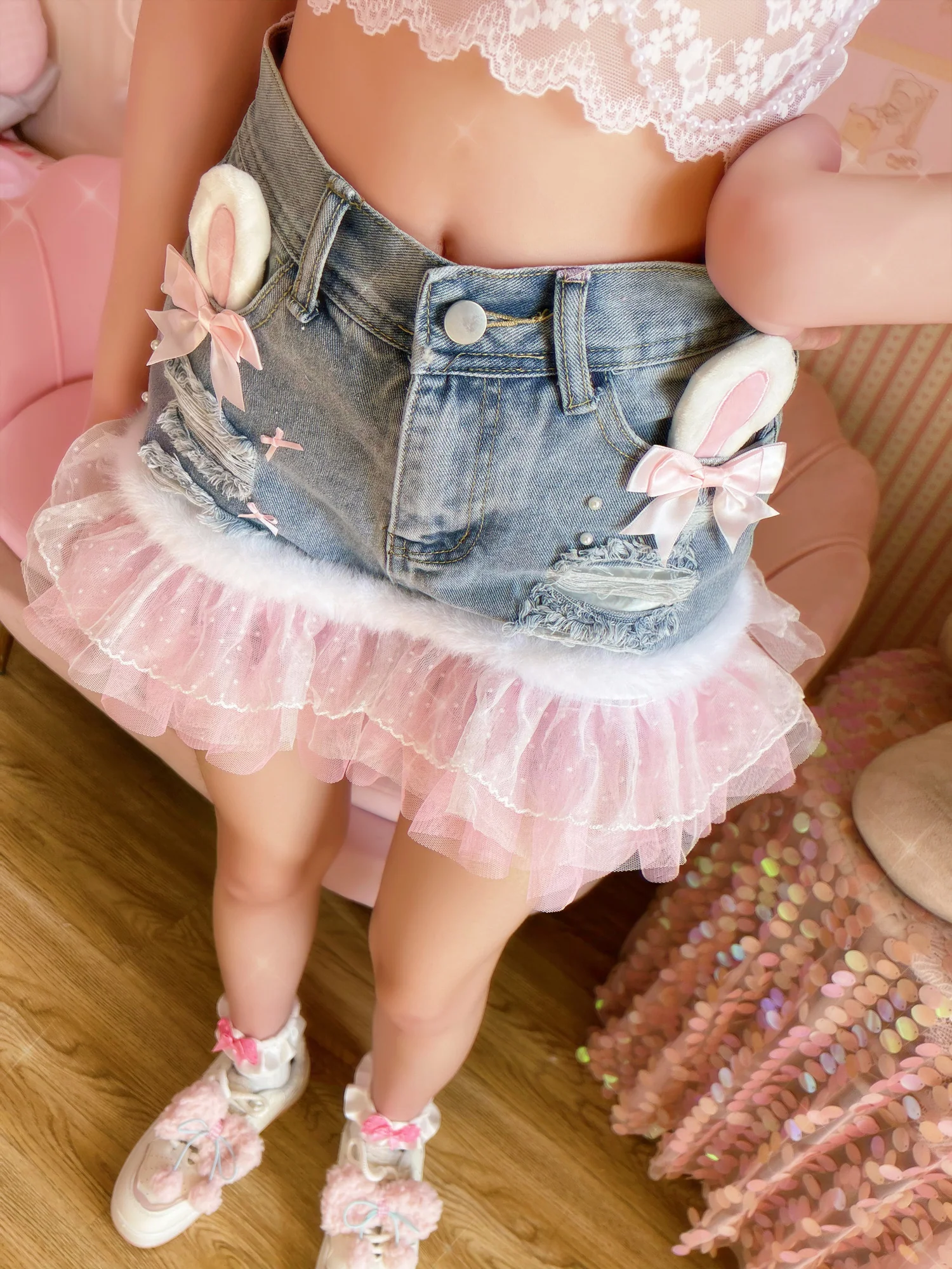 Rabbit ears lace denim shorts HA2434 - Image 6