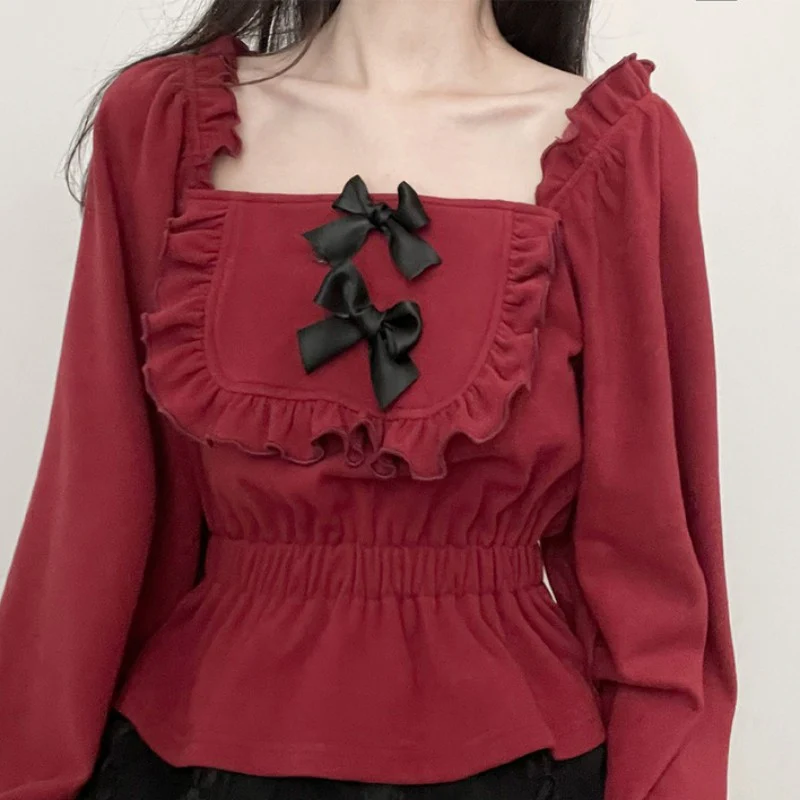 Red and white bowknot all-match top   HA1506 - Image 2