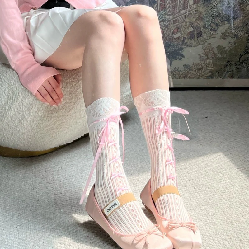Ribbon Bow Striped Fishnet Socks  HA1687 - Image 3