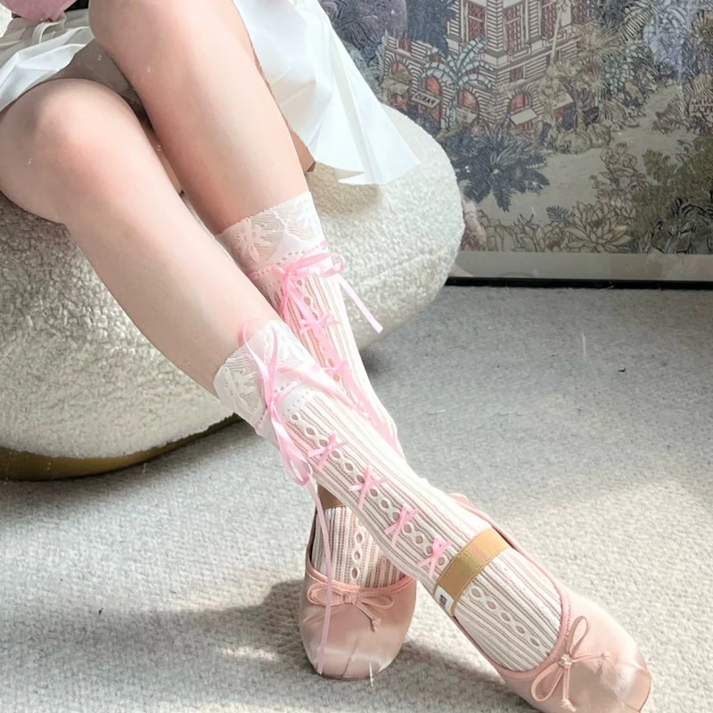 Ribbon Bow Striped Fishnet Socks  HA1687 - Image 4