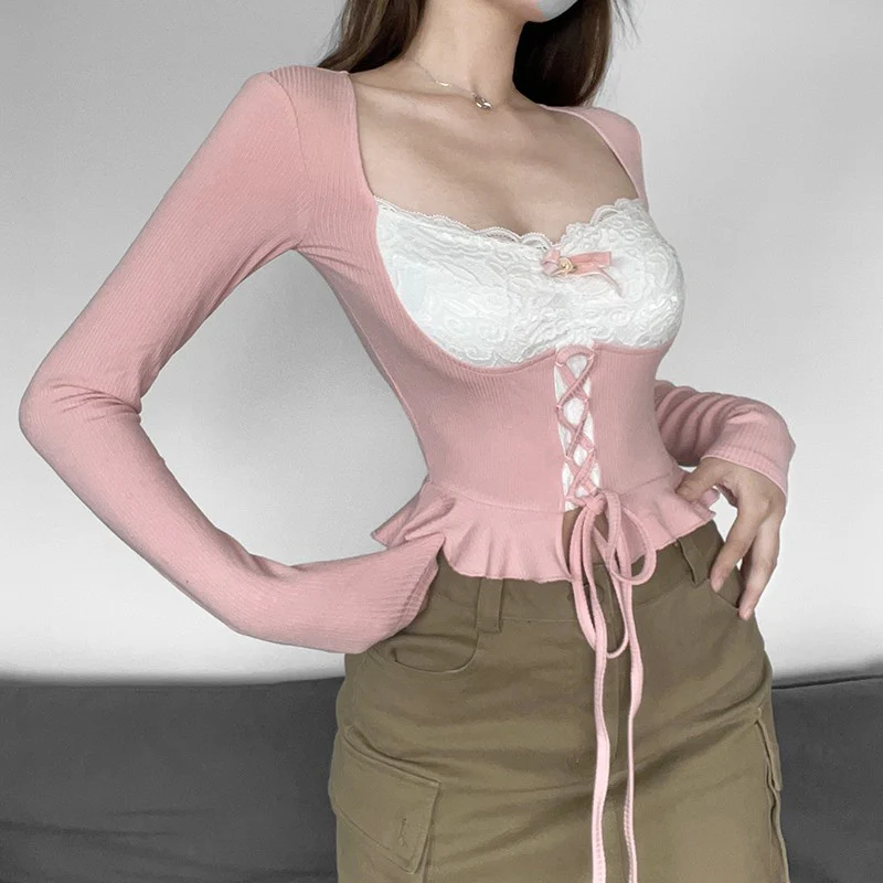 Ruffle Tie Long Sleeve T-Shirt   HA1272 - Image 3