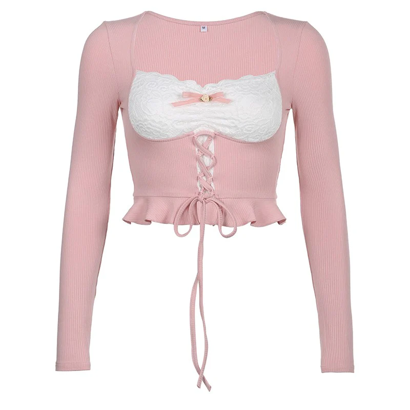 Ruffle Tie Long Sleeve T-Shirt   HA1272 - Image 5