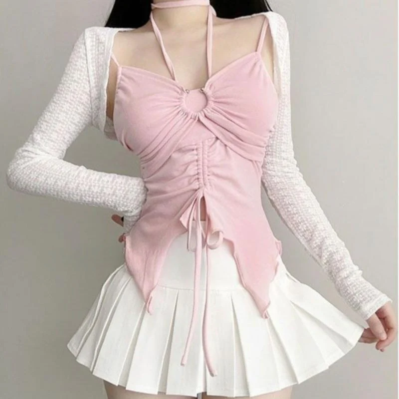 Short Cardigan + Halter Neck Strap + Pleated Skirt Three-piece Suit   HA2163 - Image 2