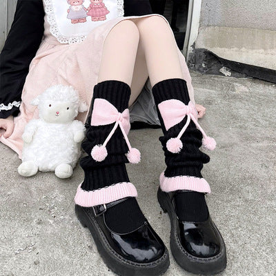 Socks with bowknot and fur pom  HA1660 - Image 2