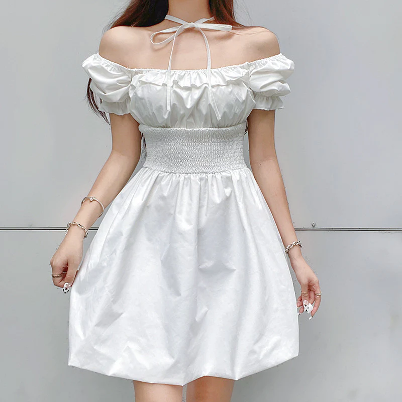 Square neck halterneck white A-line dress  HA0496 - Image 4