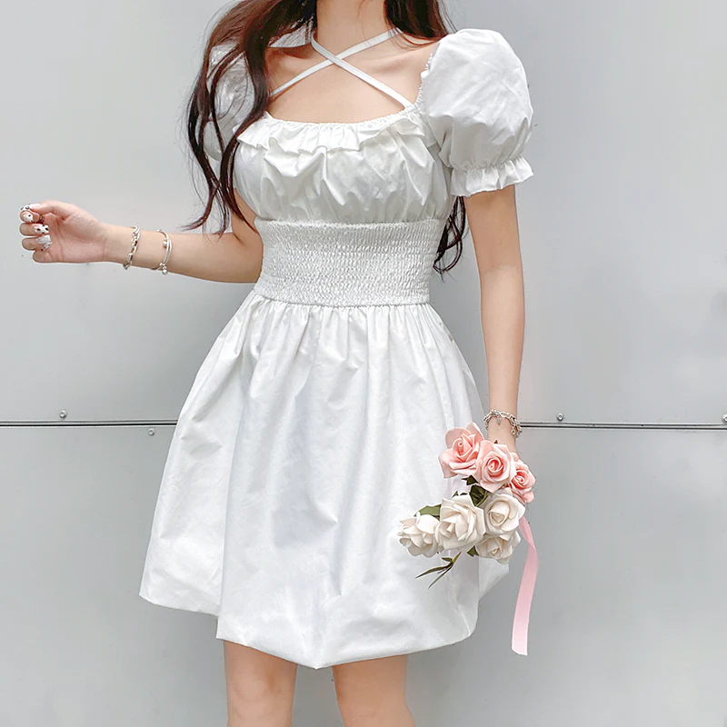 Square neck halterneck white A-line dress  HA0496 - Image 5