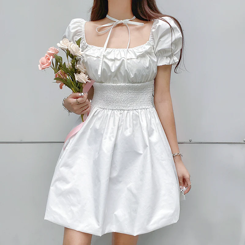 Square neck halterneck white A-line dress  HA0496 - Image 7