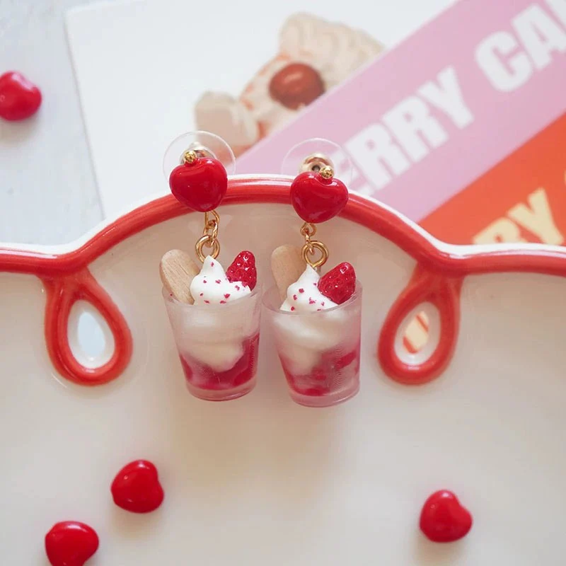 Strawberry Mousse Ice Cream Silver Earrings Ear Clips  HA2031 - Image 3