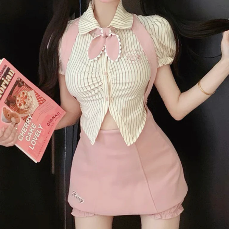 Striped Short Sleeve Shirt Pink Skirt Two-Piece Set  HA2175 - Image 2