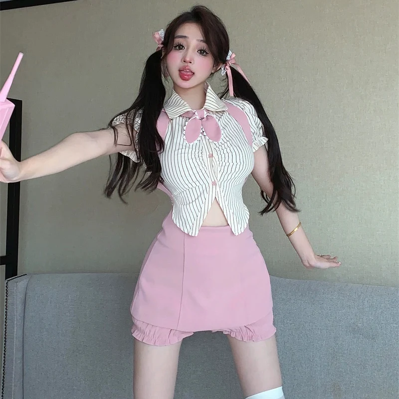 Striped Short Sleeve Shirt Pink Skirt Two-Piece Set  HA2175 - Image 3