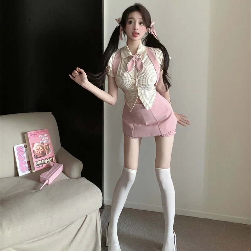 Striped Short Sleeve Shirt Pink Skirt Two-Piece Set  HA2175 - Image 4