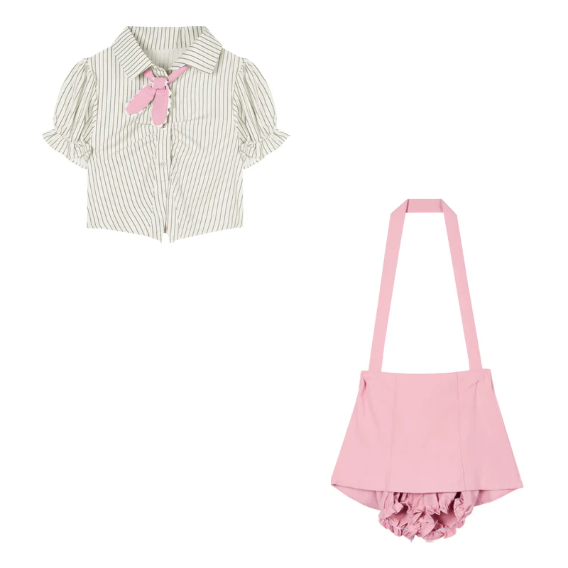 Striped Short Sleeve Shirt Pink Skirt Two-Piece Set  HA2175 - Image 5