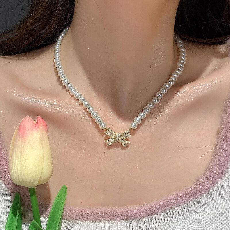 Sweater Chain Pearl Bow Necklace   HA1261 - Image 3
