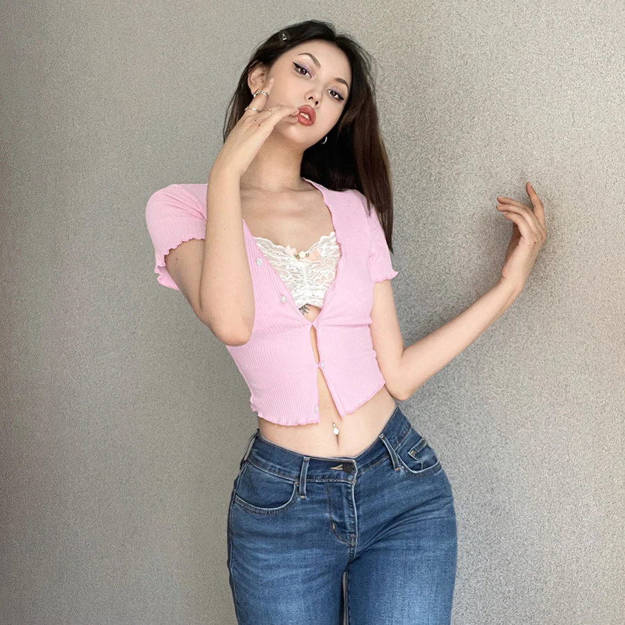 Sweet and Spicy Lace Panel Crop T-Shirt  HA1080 - Image 2