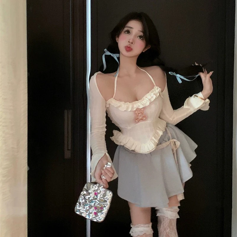 Sweet Bear Three-piece Suspender Cardigan Short Skirt   HA1893 - Image 5