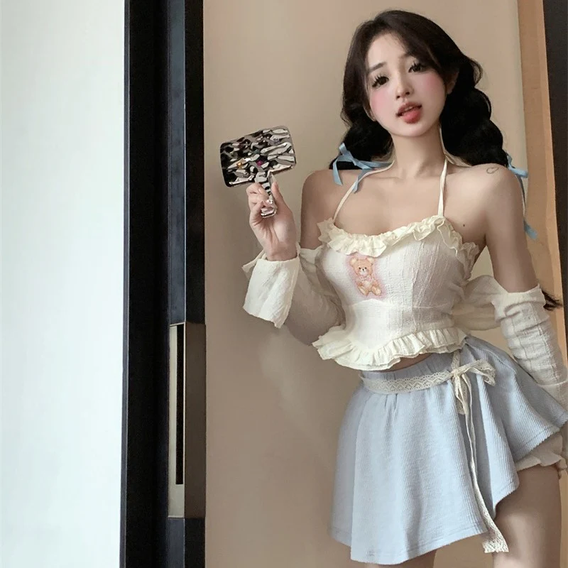 Sweet Bear Three-piece Suspender Cardigan Short Skirt   HA1893 - Image 7