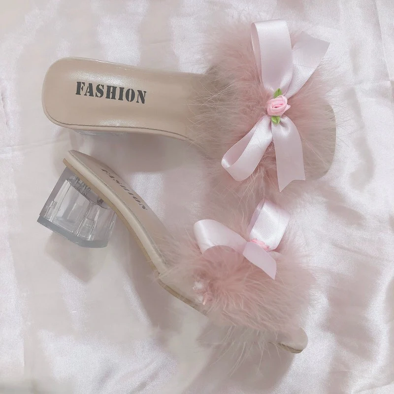 Sweet bow furry chunky heel sandals   HA1913 - Image 2