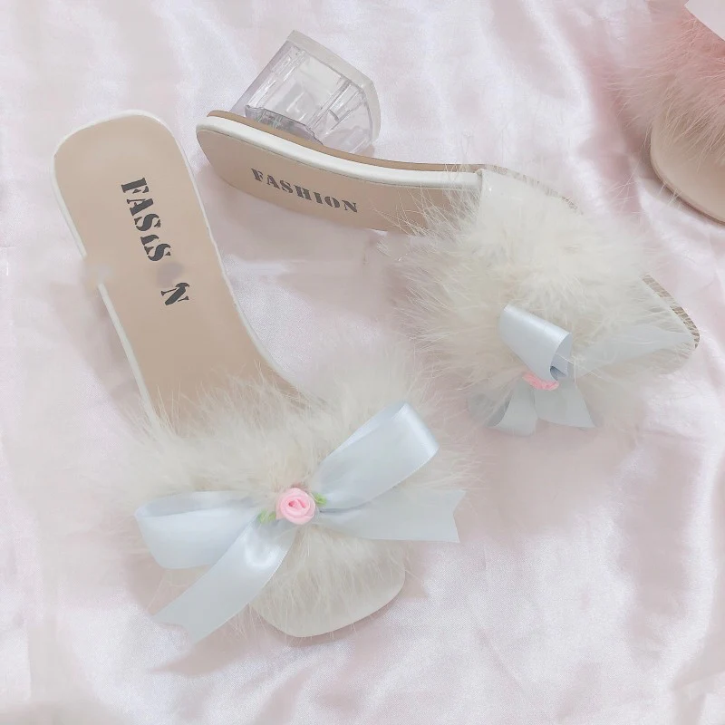 Sweet bow furry chunky heel sandals   HA1913 - Image 3
