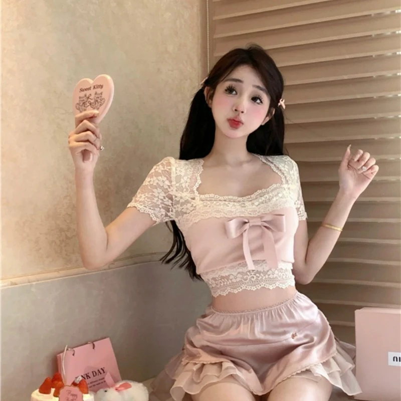 Sweet bow stitching pink T-shirt HA1868 - Image 2