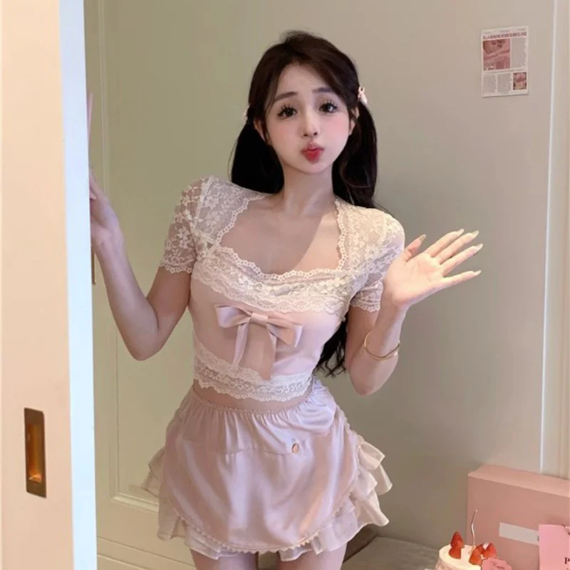 Sweet bow stitching pink T-shirt HA1868 - Image 3