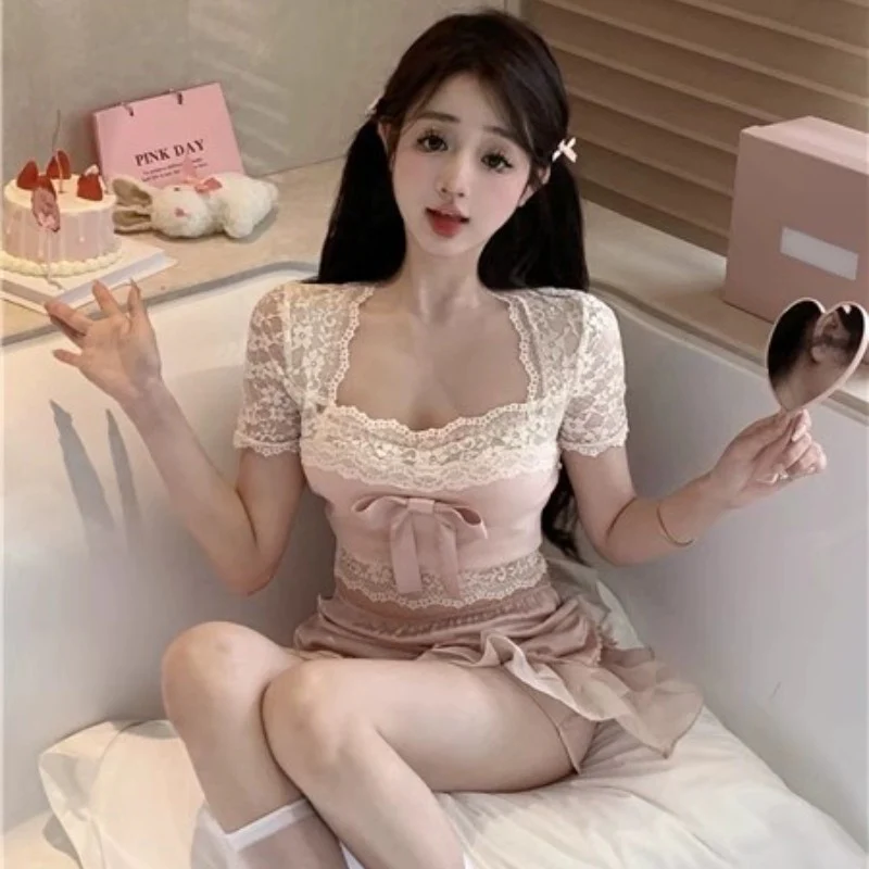 Sweet bow stitching pink T-shirt HA1868 - Image 5