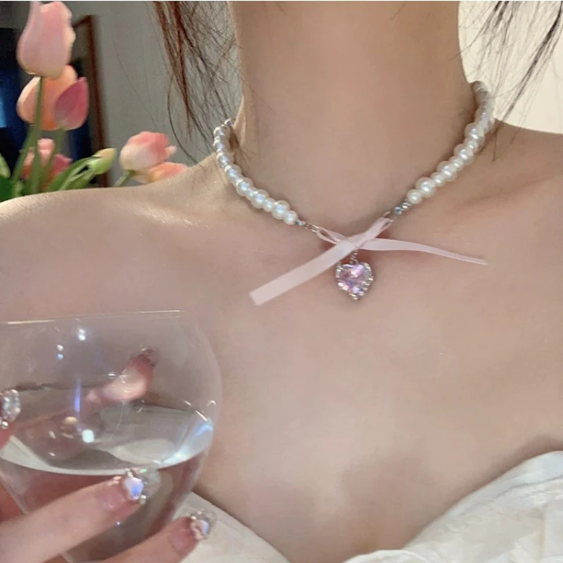Sweet Heart Bowknot Pearl Necklace   HA1941 - Image 2