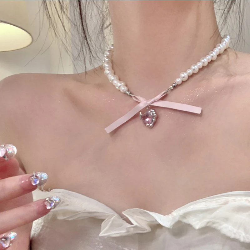 Sweet Heart Bowknot Pearl Necklace   HA1941 - Image 4