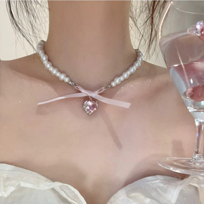 Sweet Heart Bowknot Pearl Necklace   HA1941 - Image 5