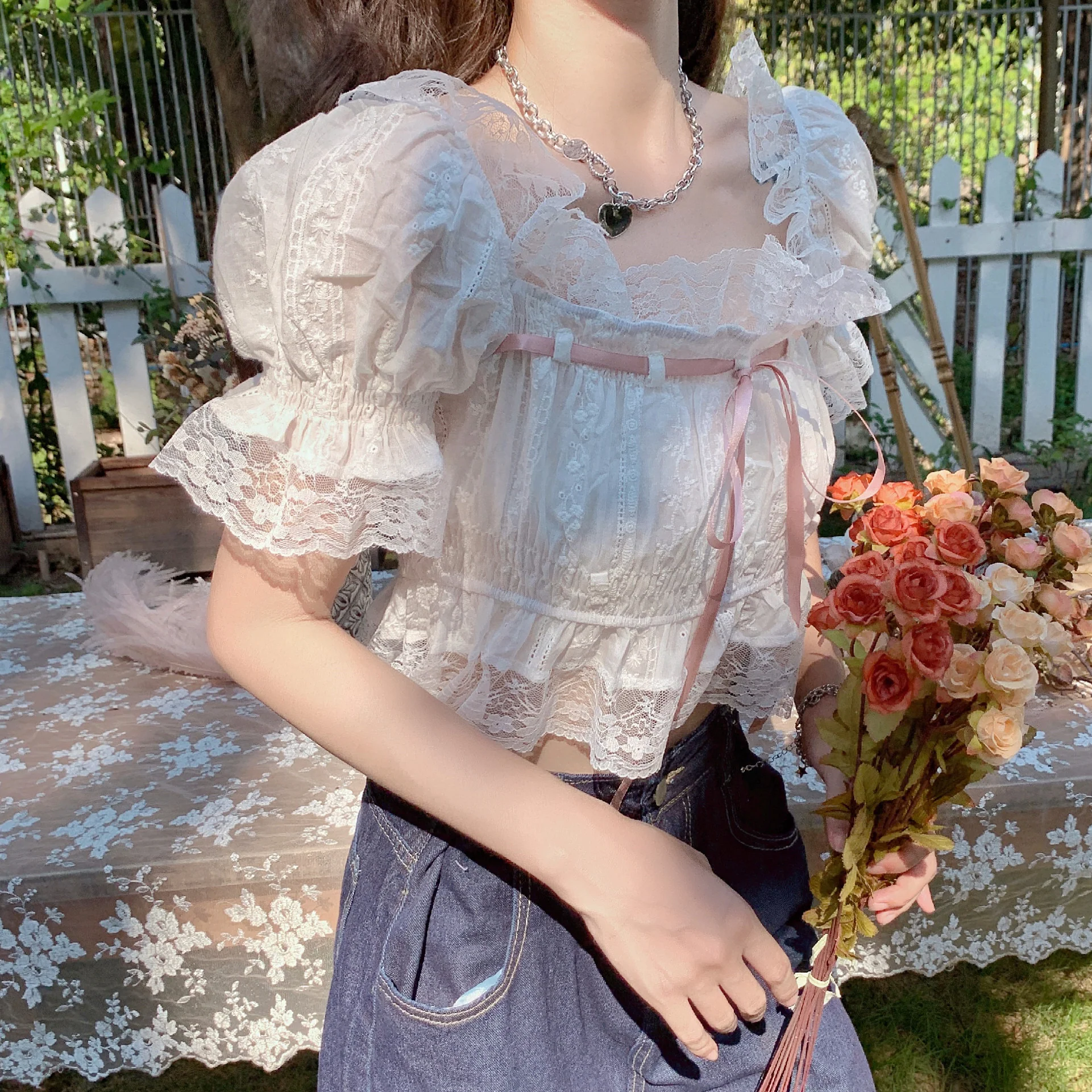 Sweet Lace French Short Sleeves HA0374 - Image 3