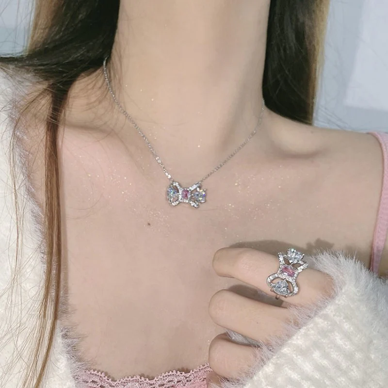 Sweet Pink Gem Bow Knot Silver Pin Earrings Necklace Ring   HA1319 - Image 3