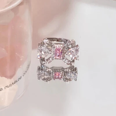 Sweet Pink Gem Bow Knot Silver Pin Earrings Necklace Ring   HA1319 - Image 5