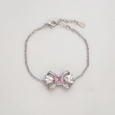 Sweet Pink Gem Bow Knot Silver Pin Earrings Necklace Ring   HA1319 - Image 6