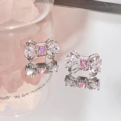 Sweet Pink Gem Bow Knot Silver Pin Earrings Necklace Ring   HA1319 - Image 7