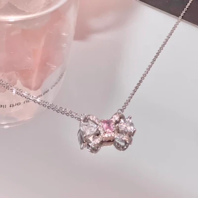 Sweet Pink Gem Bow Knot Silver Pin Earrings Necklace Ring   HA1319 - Image 8