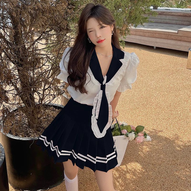 Sweet Shirt Top Pleated Skirt Set  HA0491 - Image 2