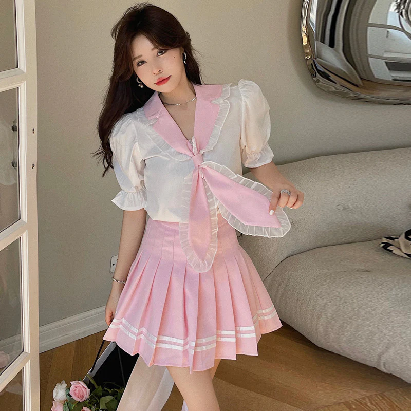 Sweet Shirt Top Pleated Skirt Set  HA0491 - Image 3