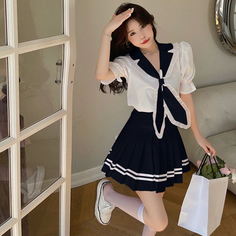Sweet Shirt Top Pleated Skirt Set  HA0491 - Image 4