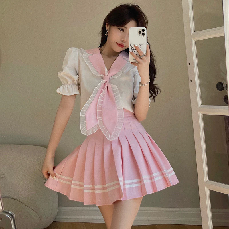 Sweet Shirt Top Pleated Skirt Set  HA0491 - Image 9