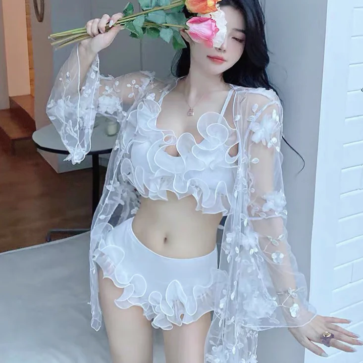 Three-piece white bikini with wooden ears   HA2196 - Image 2