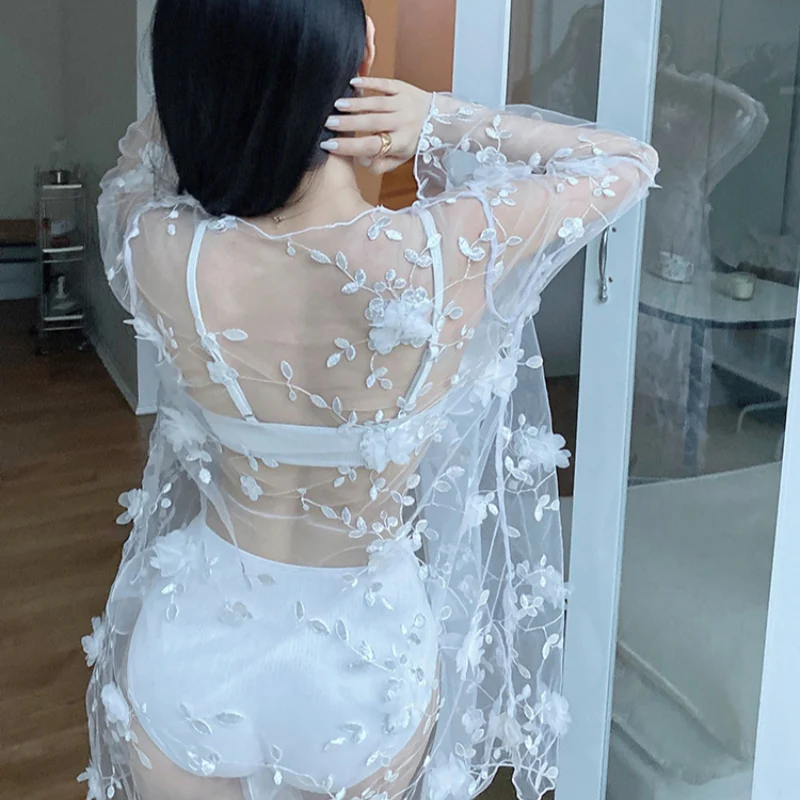 Three-piece white bikini with wooden ears   HA2196 - Image 3